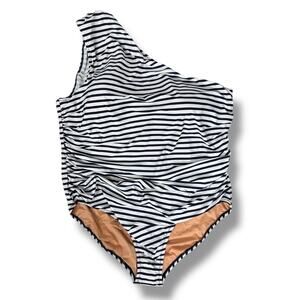 J Crew One Shoulder One‎ Piece Swimsuit Womens Plus 22 Navy White Stripe